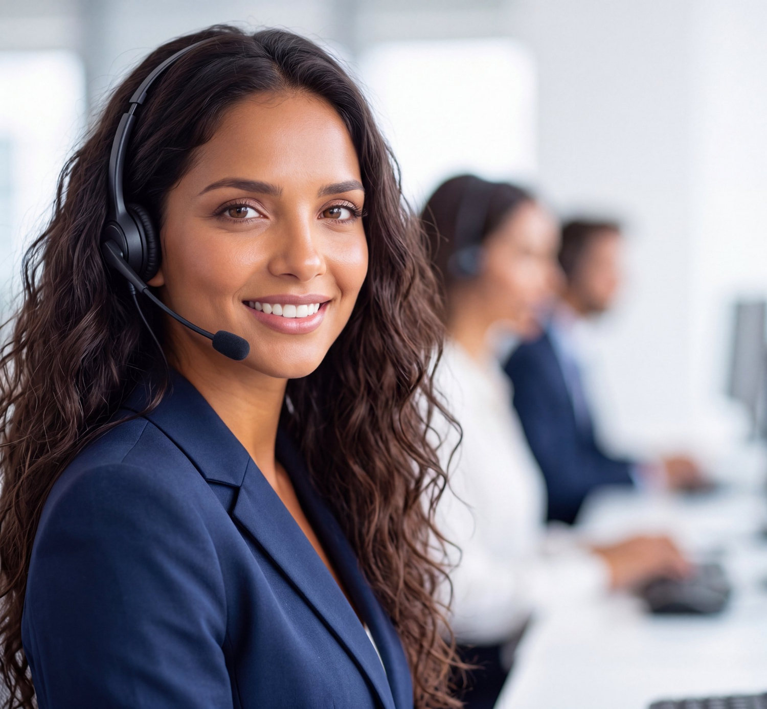 Atendente do Ouvidoria Mais Saúde de headset, sorrindo em ambiente de atendimento